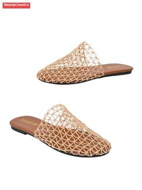 Faux Leather Fishnet Mesh Slip On Flat Sandals Closed Toe Summer Shoes